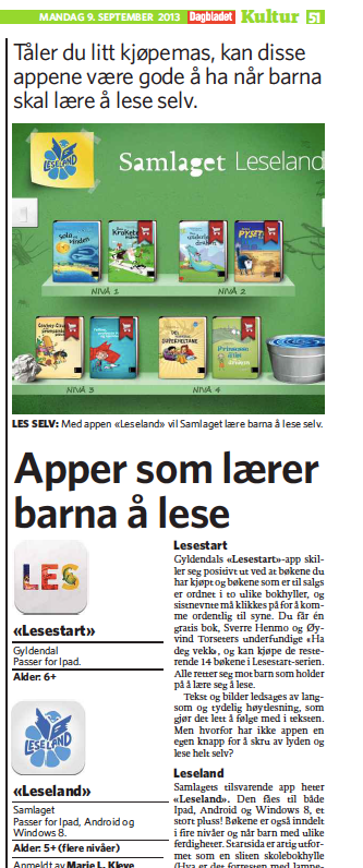 Dagbladet September 9th 2013, two TapBookAuthor.com-made apps reviewed